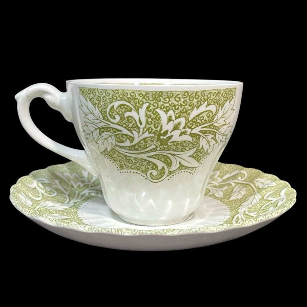 Vintage 1940s J.&G. Meakin England Classic White Lucerne Green Teacup and Saucer